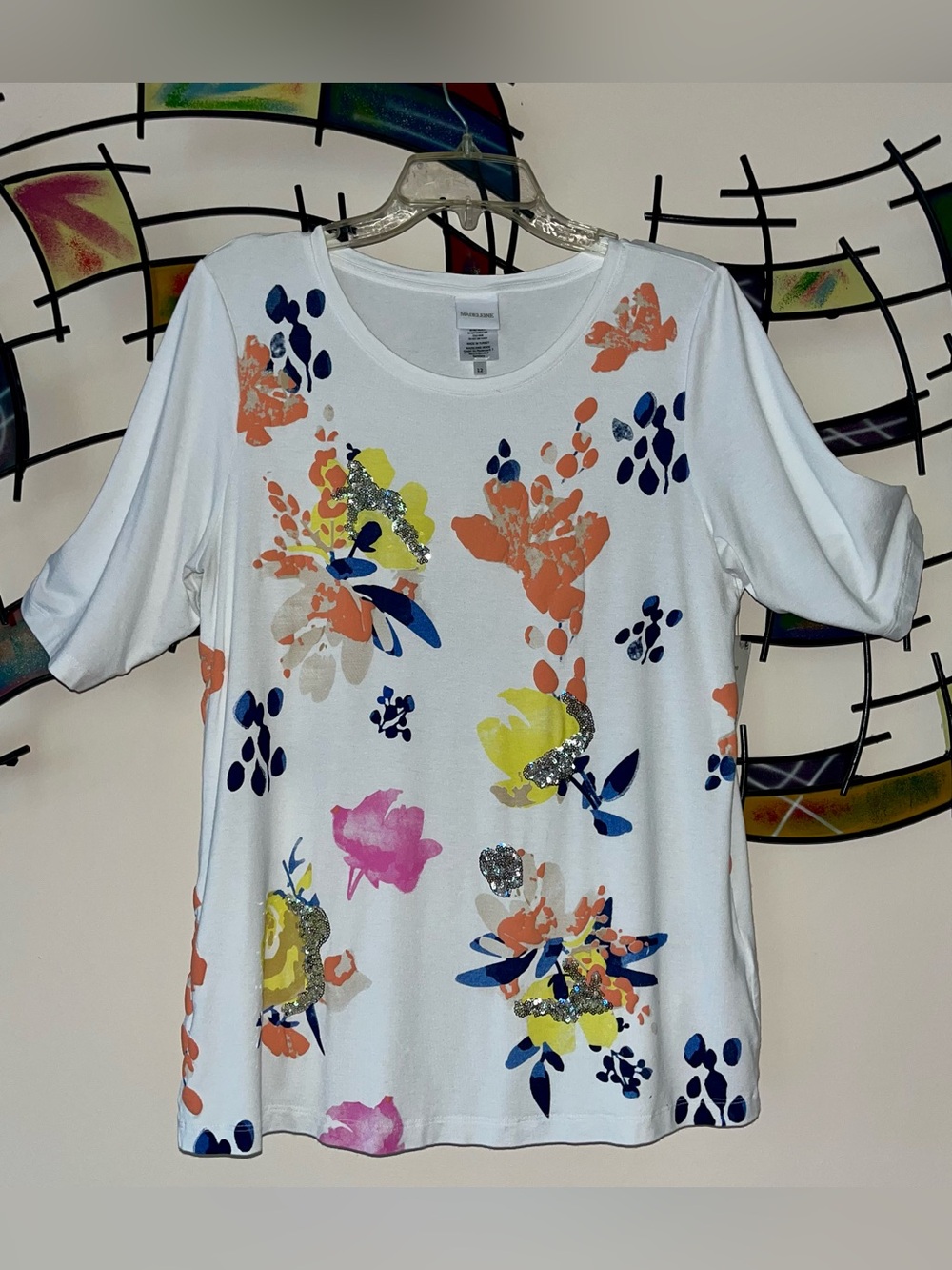 NWT MADELEINE Designer Top Elbow Sleeves, Size 12 Floral Sequin Embellish